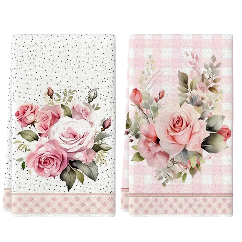 2Pcs, Vintage Pink Rose Print Kitchen Towels, 40Cm*60Cm Towel Set, Super Absorbent Soft Cleaning Cloth, Cooking and Baking Tea Towel, Hand Towel, Cleaning Cloth, Dishcloth, Kitchen Decoration, Living Room Decoration, Kitchen