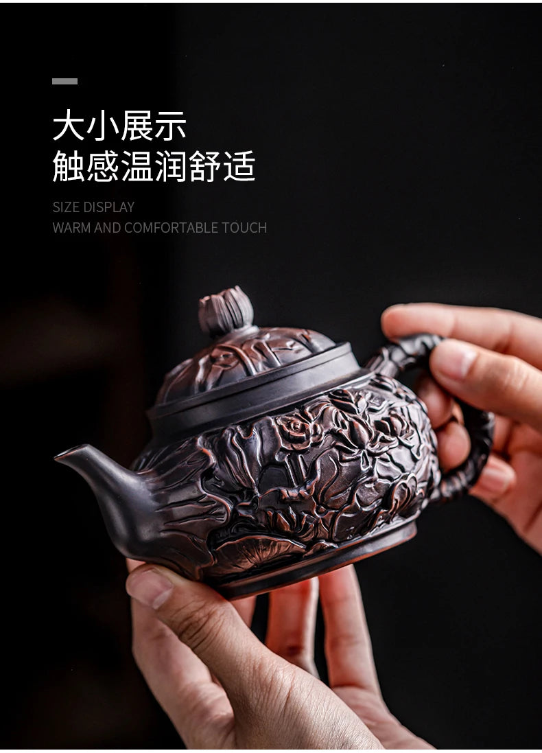 Suitable for collectionPurple Pottery Teapot Handmade Pile Carving Xianglong Pot Kung Fu Tea Set Purple Clay Pot Handmade