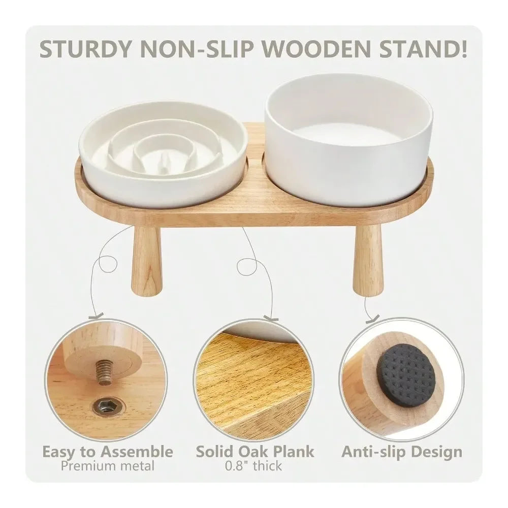 Dog Bowl Dog SuppliesSlow Feeder And Water Bowl Set For Medium And Large Dogs Ceramic Dog Bowls Elevated With Wooden Stand 2.0 C