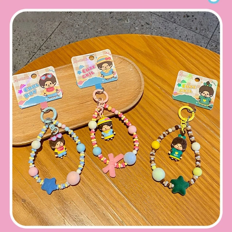 Genuine Monchhichi Flocked Beaded Keychain, Cute Cartoon Mini Monchhichi Figurine Charm, Women’s Bag  Phone Strap