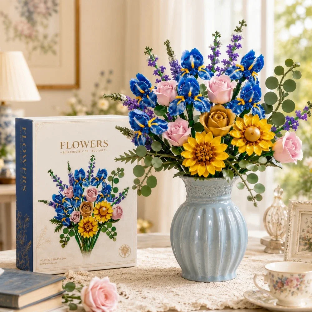 866pcs Botanical Flower Bouquet Set, Blue Iris Rose Plant Building Blocks, 3D Creative Desktop Decoration, Valentine Gift