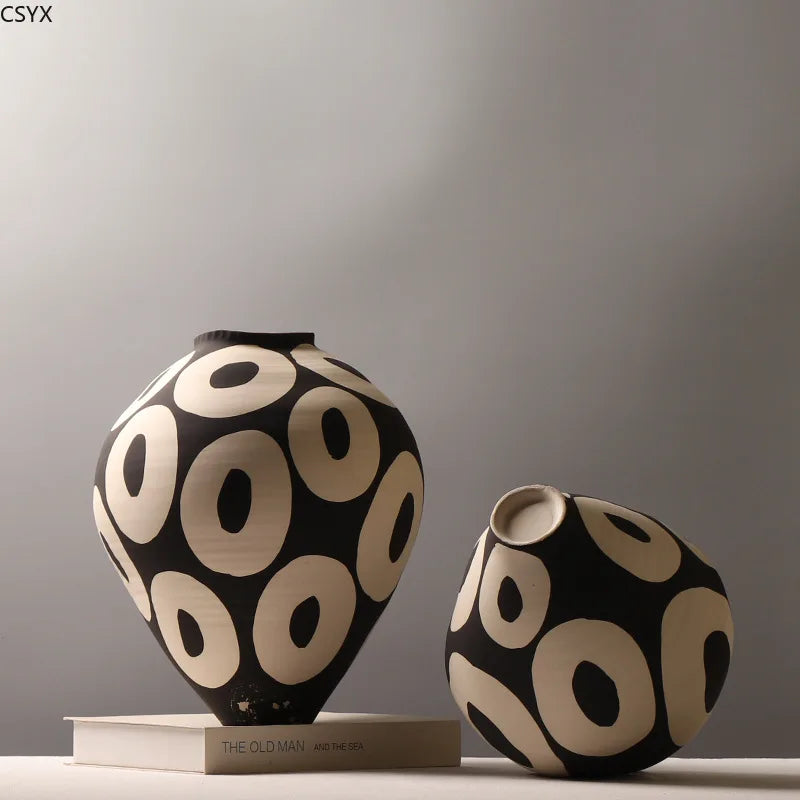 Ceramic Vase Hand-drawn Geometric Circles Flower Vase Flower Arrangement Accessories Porcelain Pot Home Decoration
