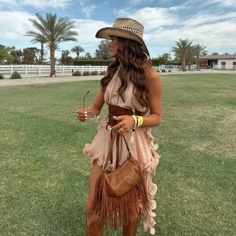Elegant Ruffle Mini Skirt Set Women Sleeveless Halter Irregular Ruffles Top Mini Loose Short Skirts Sets 2025 Summer Lady Suit