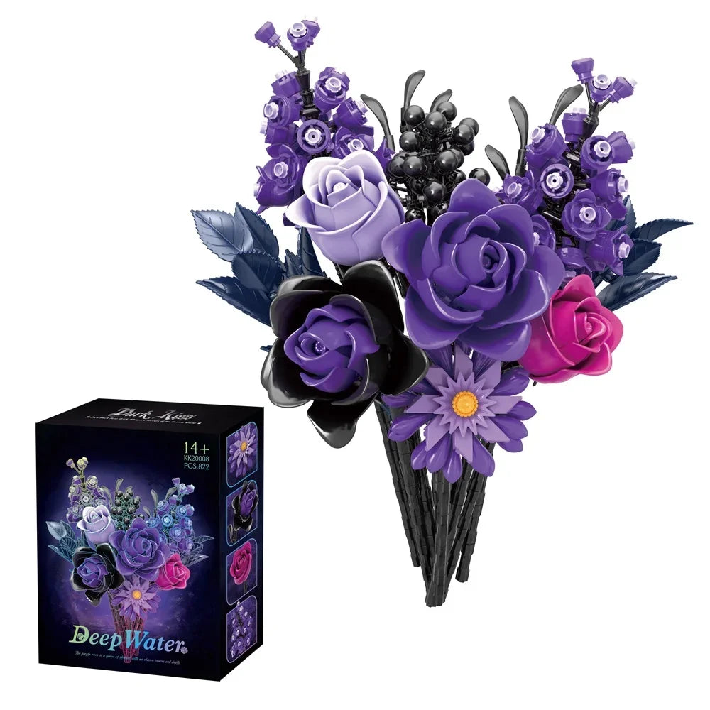 822PCS MOC Gothic Purple Rose Flowers Building Blocks Artificial Botanical Decor Toys Valentines Girlfriend Birthday Bricks Gift