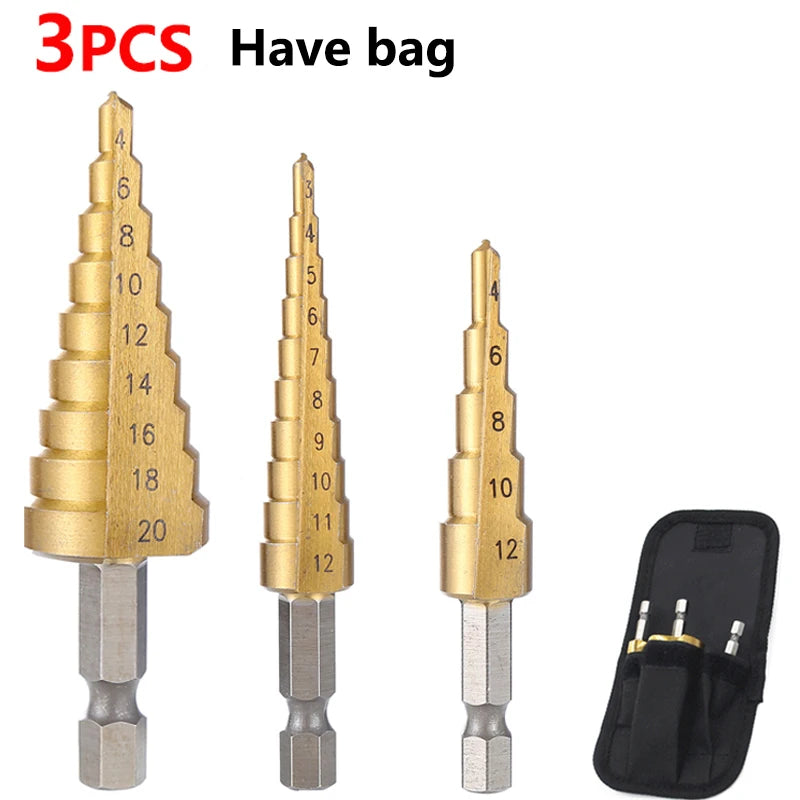 Step Drill Titanium Plated Hexagonal Shank Straight Groove 3-12/4-12/4-20/4-32mm Pagoda Drill Drilling Tool Accessory Set