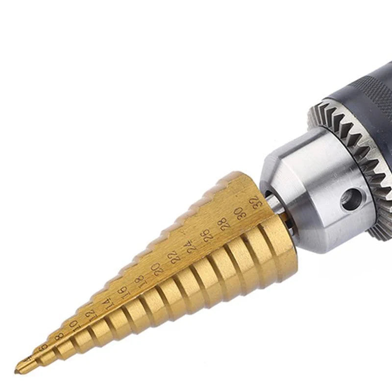 Step Drill Titanium Plated Hexagonal Shank Straight Groove 3-12/4-12/4-20/4-32mm Pagoda Drill Drilling Tool Accessory Set