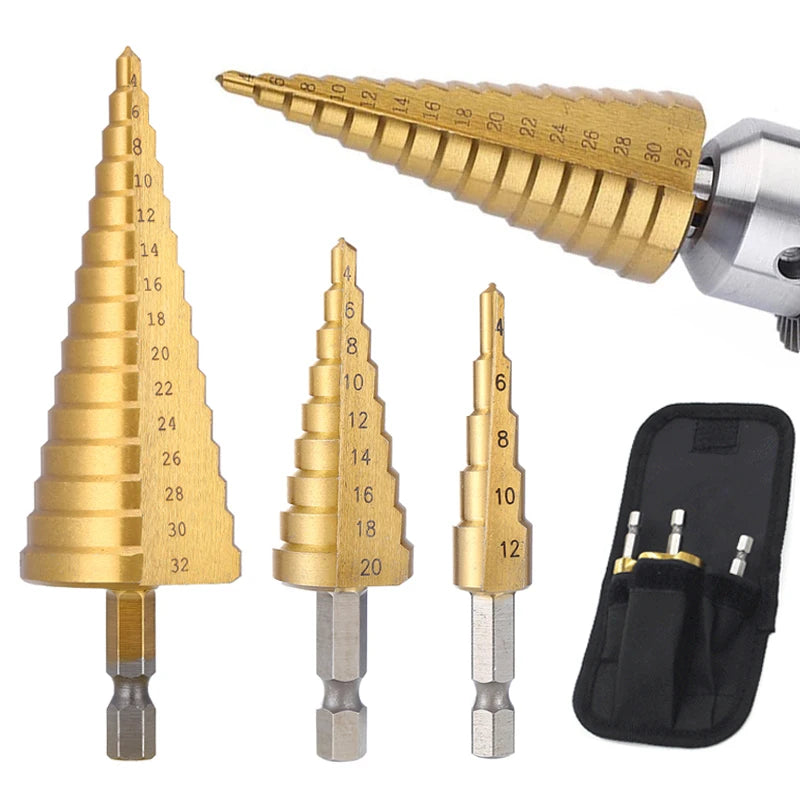 Step Drill Titanium Plated Hexagonal Shank Straight Groove 3-12/4-12/4-20/4-32mm Pagoda Drill Drilling Tool Accessory Set