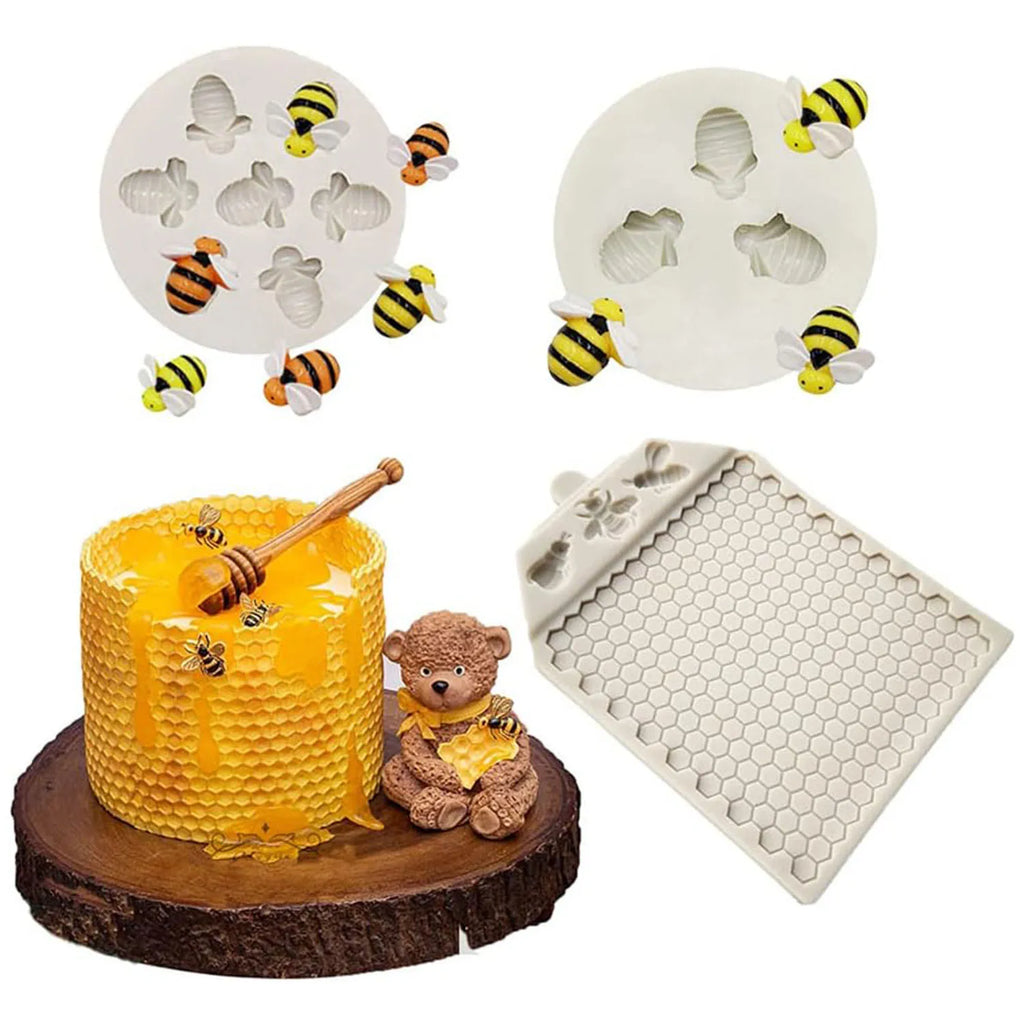 3Pcs Bumble Bee Honeycomb Silicone Molds for DIY Cake Fondant Biscuit Cookies Sugar Pudding Chocolate Hard Candies Dessert Decor