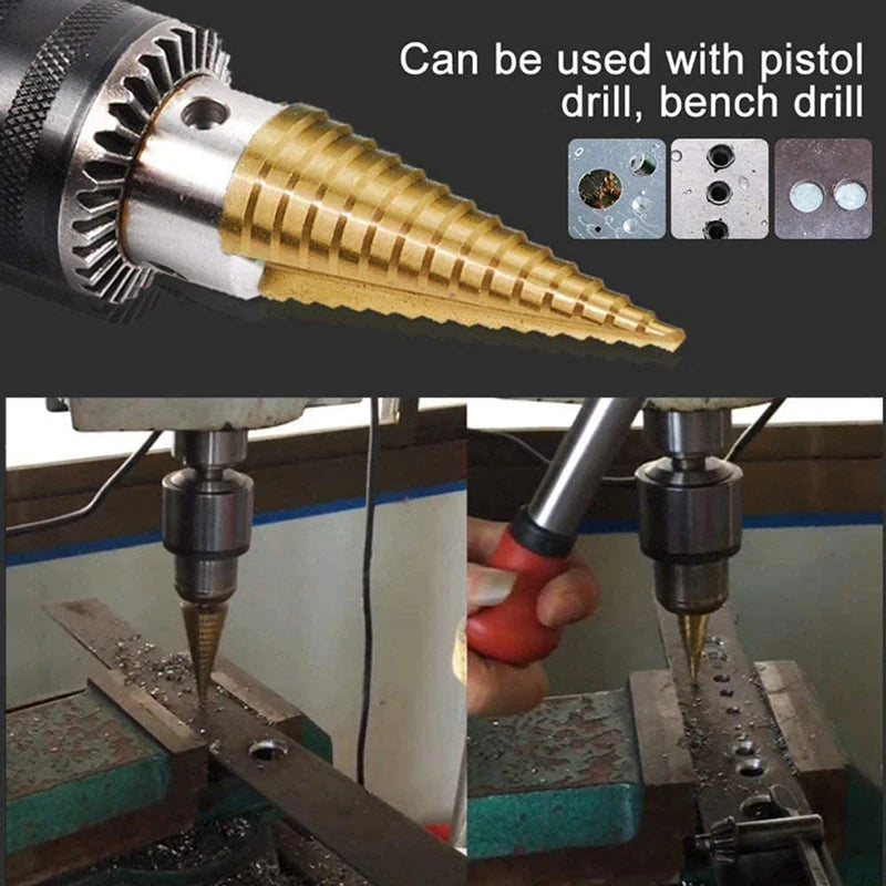 Step Drill Titanium Plated Hexagonal Shank Straight Groove 3-12/4-12/4-20/4-32mm Pagoda Drill Drilling Tool Accessory Set