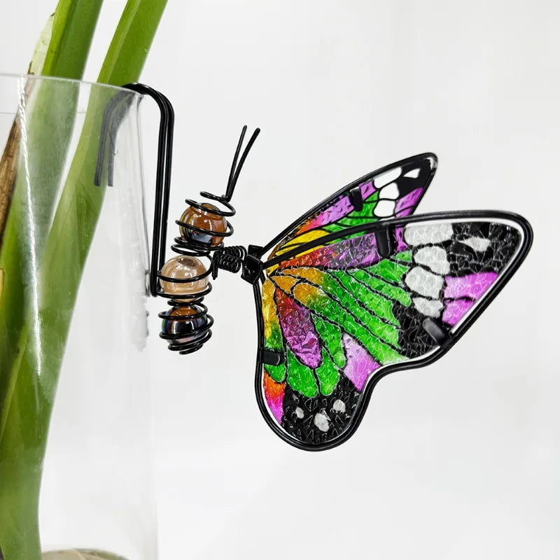 1pcs Hanging Butterfly Dragonfly Flower Pot Decor Metal Glass Painted Ornament Potted Plant Garden Art