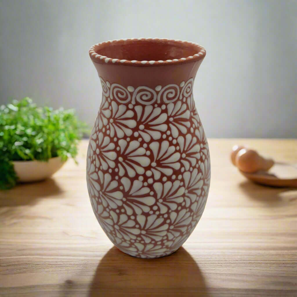 Handcrafted Talavera Vase | Brown & White Relief Pottery