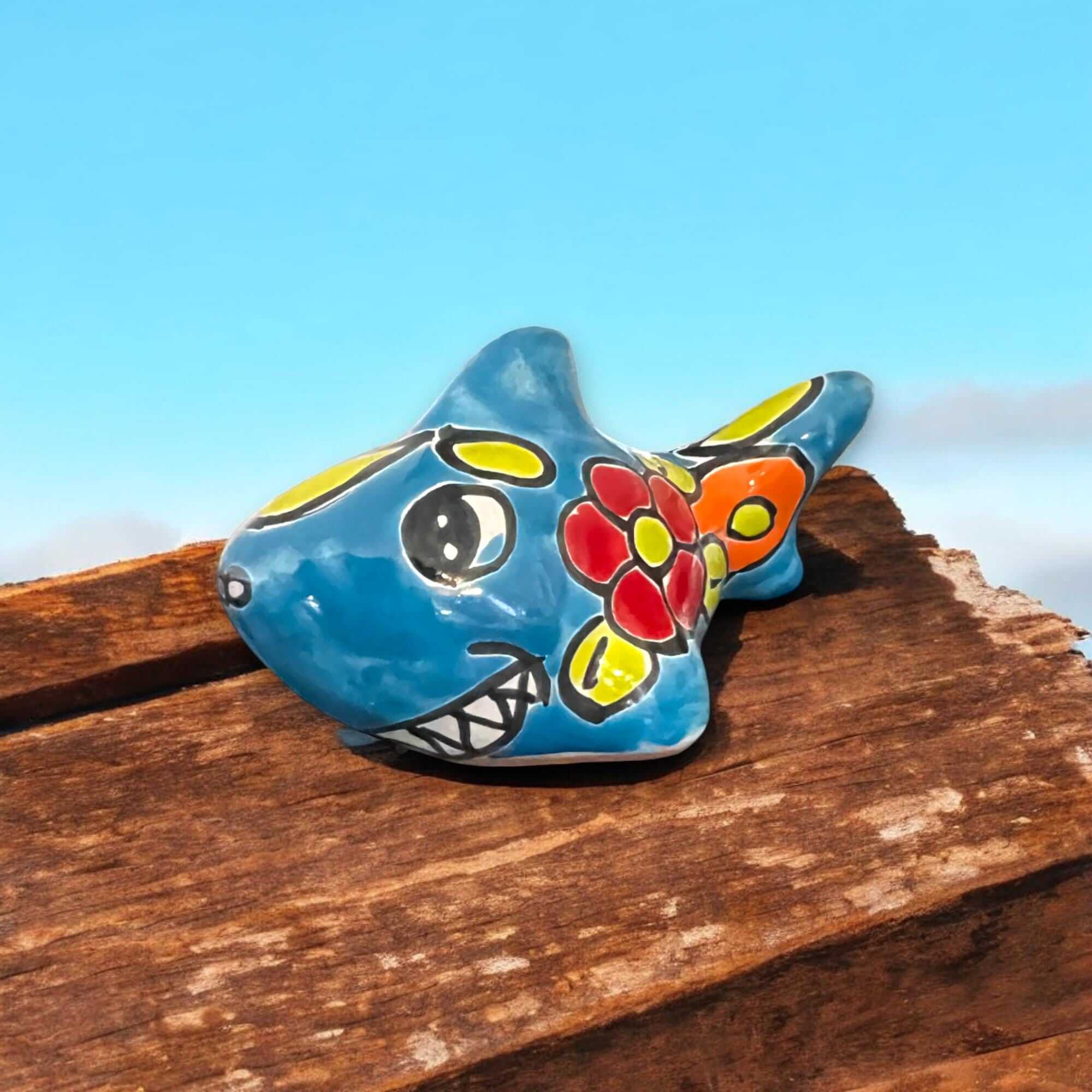 Colorful Talavera Shark Figurine | Handcrafted Mexican Pottery Decor