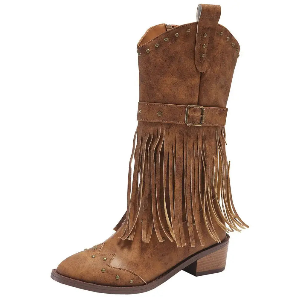 Retro Winter Fashion Fringed Suede Cowboy Boots