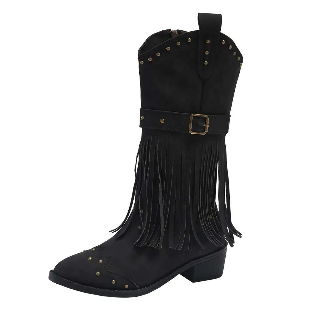 Retro Winter Fashion Fringed Suede Cowboy Boots
